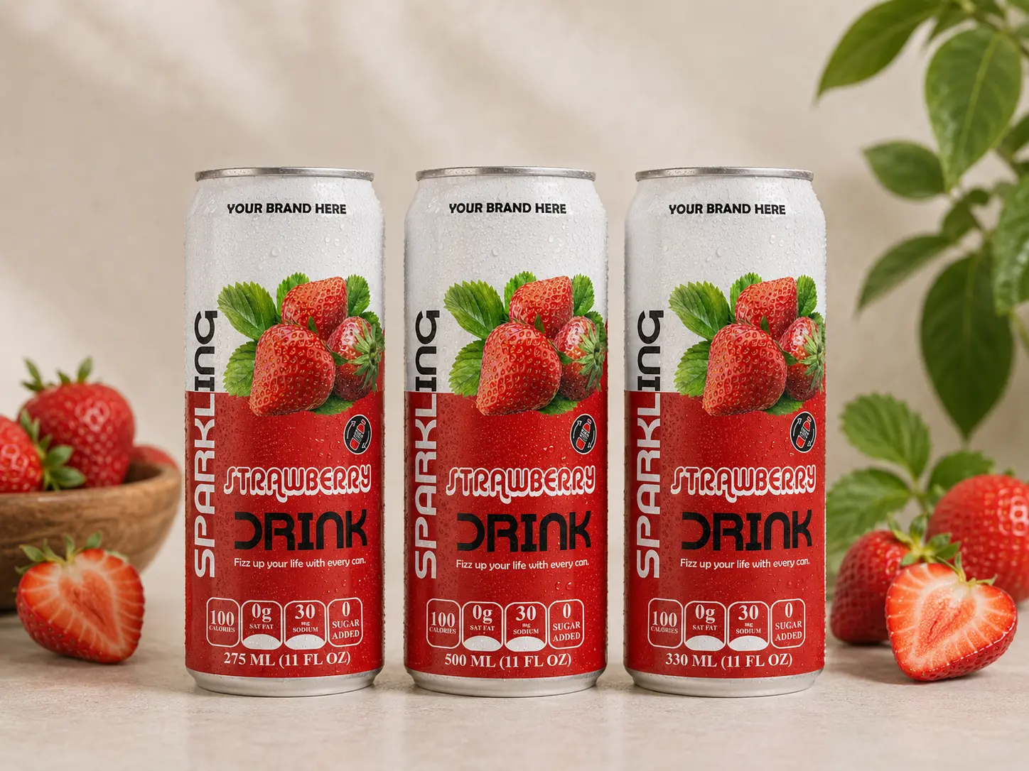 SPARKLING DRINK Strawberry Flavored Drink in 275ml, 500ml, and 330ml cans.